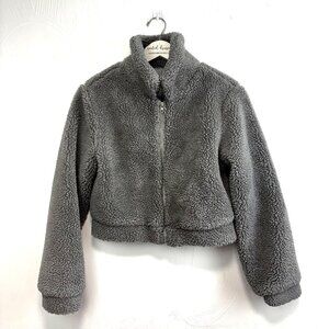SheIn Shearling Jacket Gray Full Zip Long Sleeve High Neck Casual Cropped Coat M